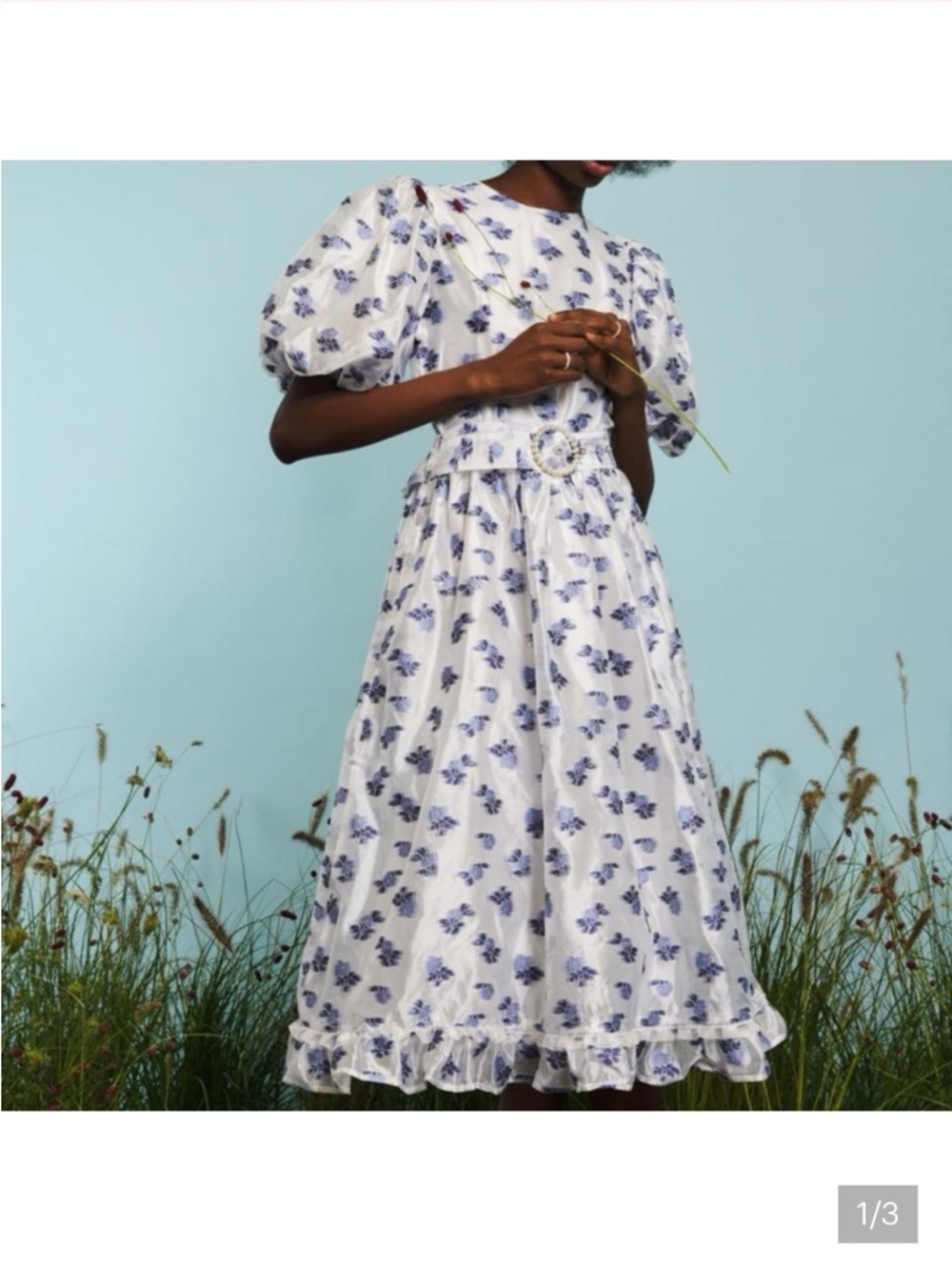 Sister Jane Women's Puff-Sleeve Floral Midi Dress - White with Blue Print